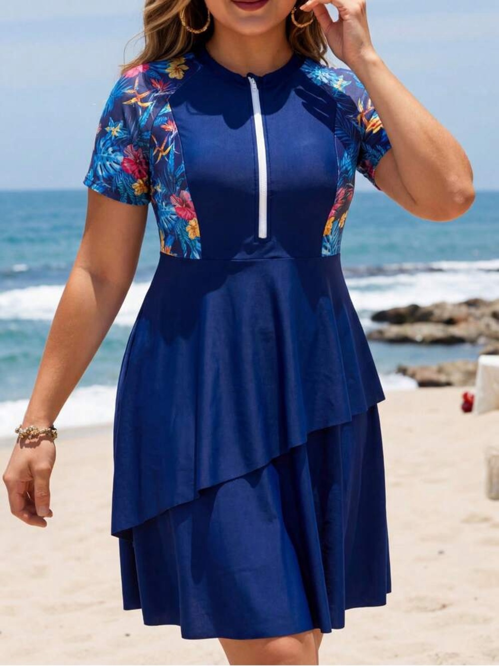 Swim Dress Navy Floral Short Sleeve Zip-Front Shorts Modest Beachy Tropical - Picture 3 of 16